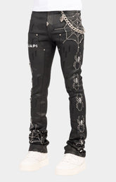 guapi waxed black spider denim sheen texture detail with rhinestones details. 
