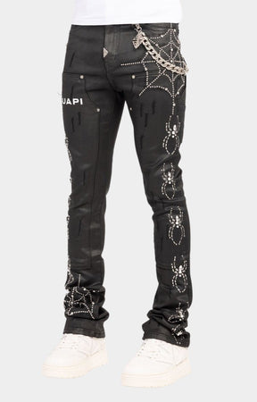 guapi waxed black spider denim sheen texture detail with rhinestones details. 