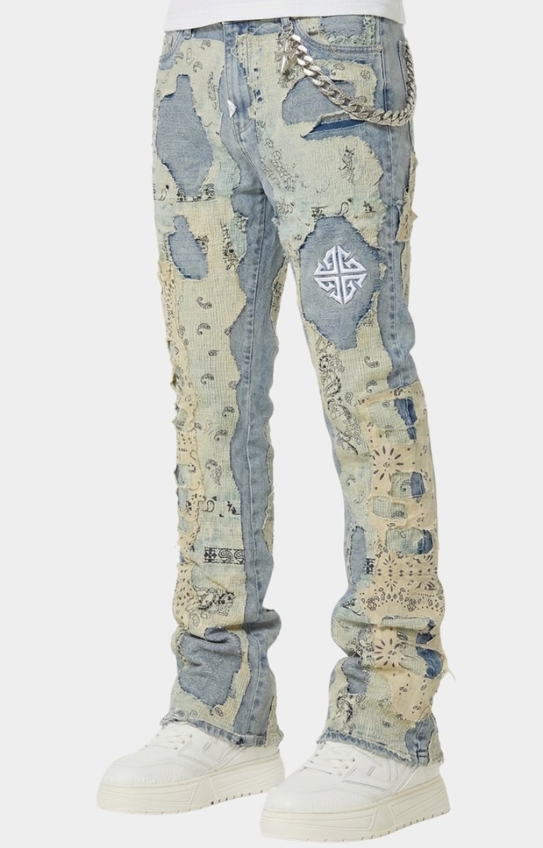 Side profile of Guapi Vintage Paisley Distressed Denim.