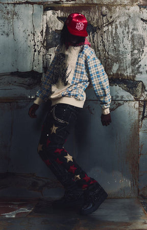 GUAPI Panther Plaid Hoodie - Cream & Blue Graphic Streetwear