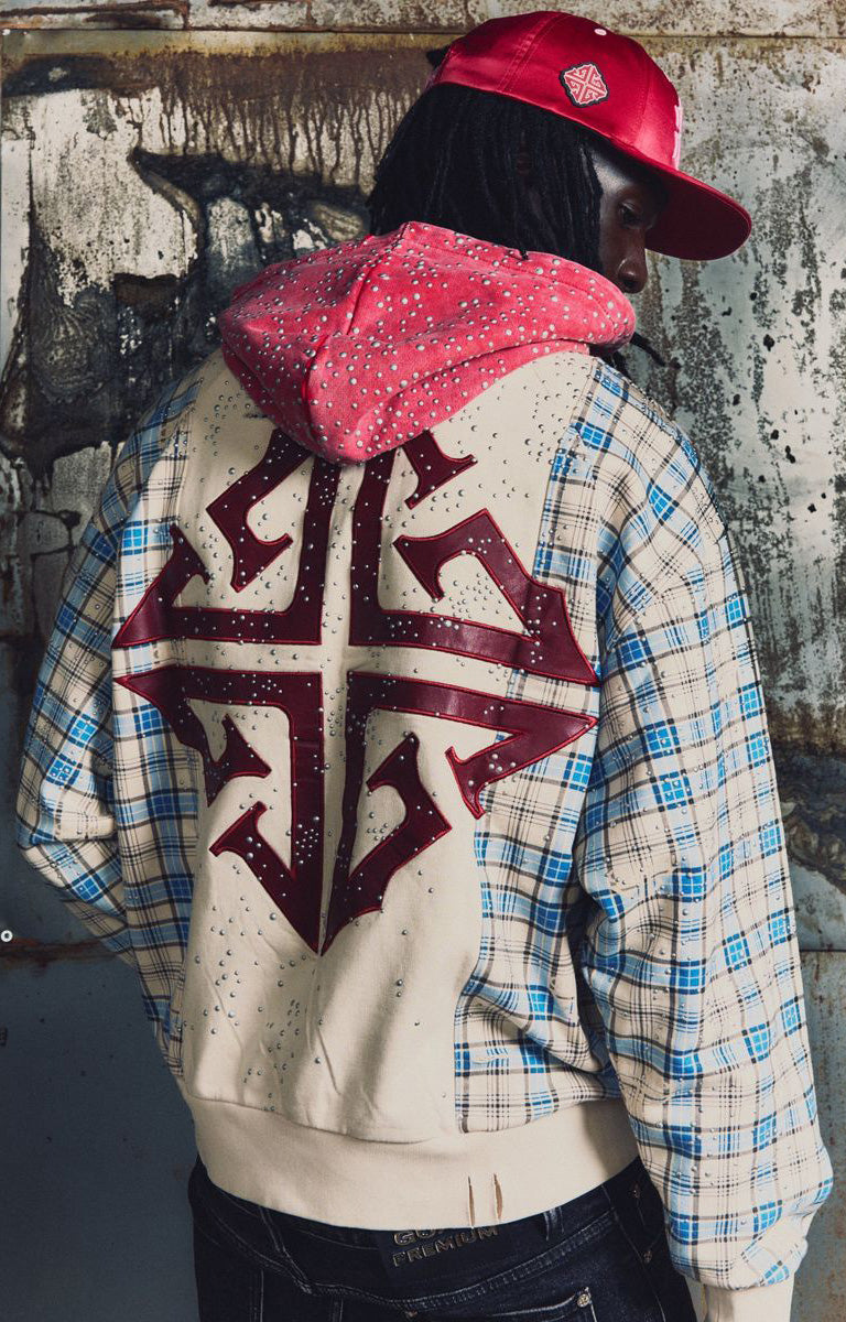 GUAPI Panther Plaid Hoodie featuring a cream body, blue-and-cream plaid panels, red plaid hood, bold panther-inspired back graphic, metallic embellishments, drawstring hood and relaxed fit.