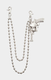 Guapi Pistol silver jeans chain featuring revolver-inspired pendant.