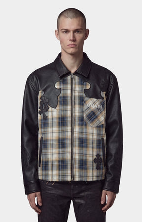 Guapi Plaid Cross Patch Flannel with black leather sleeves and collar, and a beige, blue, and brown plaid body panel. 