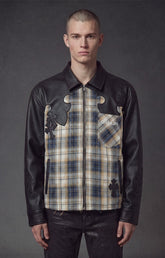Guapi plaid cross patch shirt jacket with leather-look sleeves.