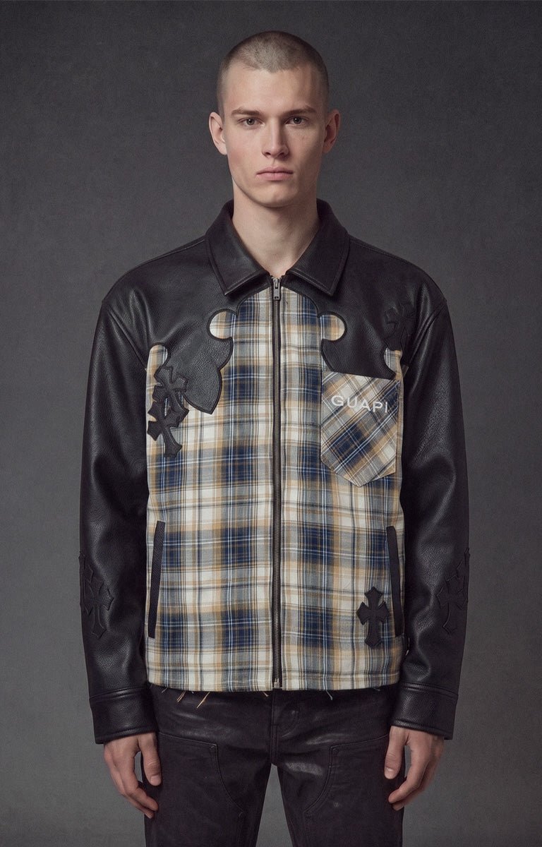 Guapi plaid cross patch shirt jacket with leather-look sleeves.