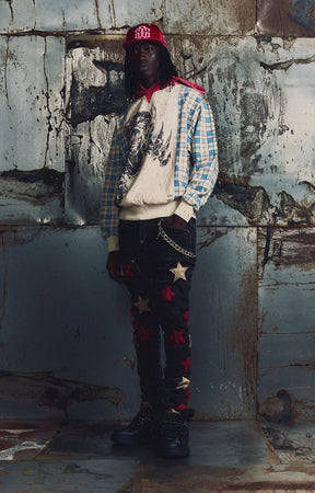 GUAPI Panther Plaid Hoodie featuring a cream body, blue-and-cream plaid panels, red plaid hood, bold panther-inspired back graphic, metallic embellishments, drawstring hood and relaxed fit.