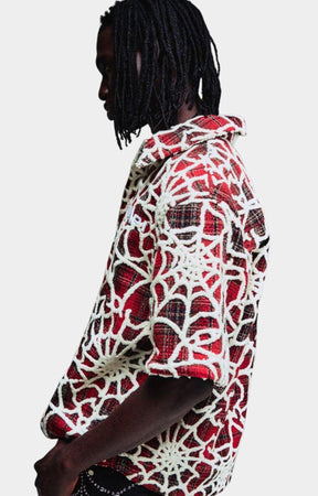 Structured collar detail on Guapi Blood Red Widow Web Shirt.