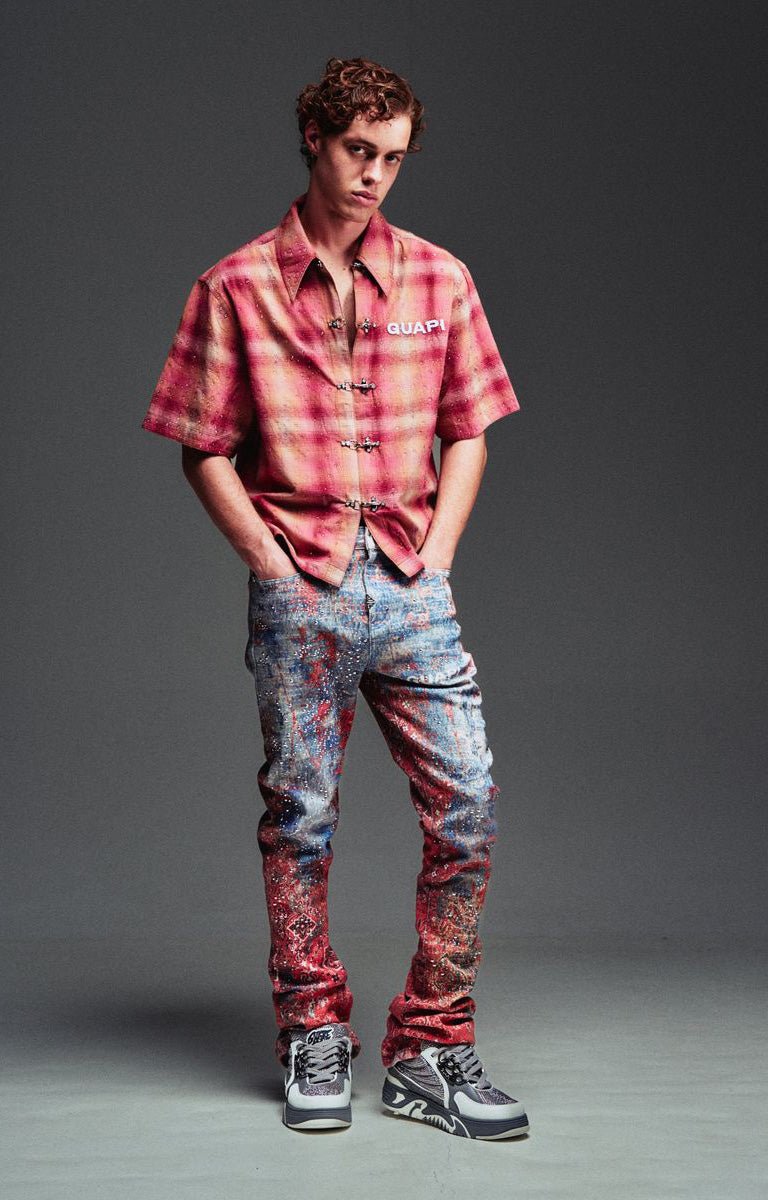 Guapi plaid shirt featuring all-over water droplet texture effect.