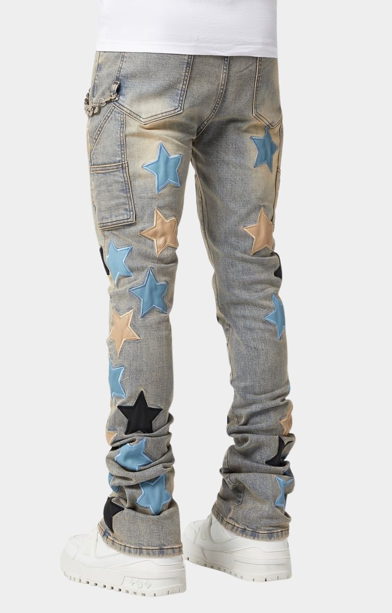 GUAPI Powder Blue Vintage Stars Denim Slim Fit with Star Patches back view