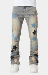GUAPI Powder Blue Vintage Stars Denim Slim Fit with patch work front view