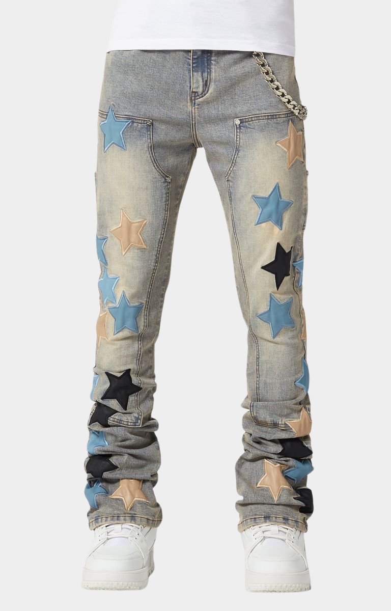 GUAPI Powder Blue Vintage Stars Denim Slim Fit with patch work front view