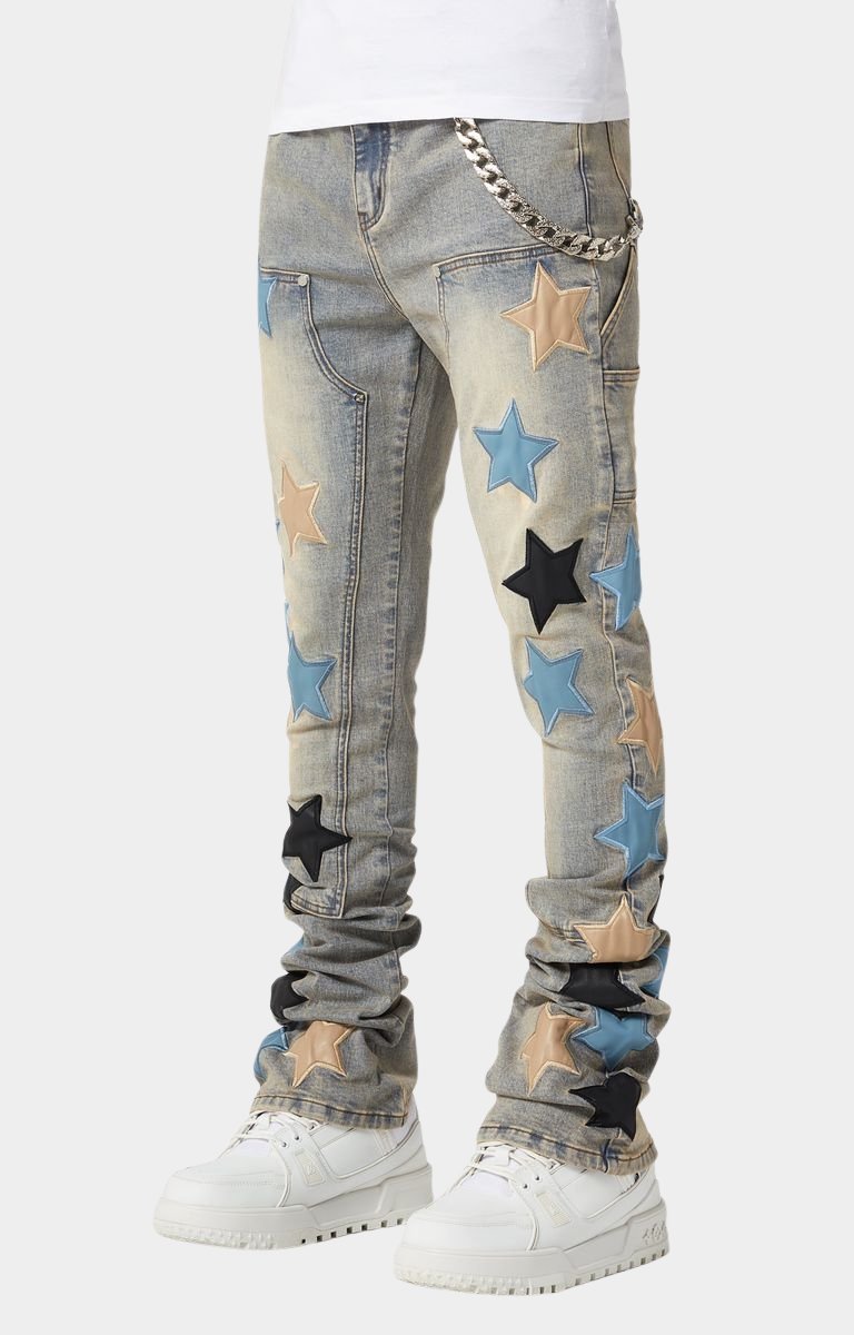 Side view of GUAPI Powder Blue Vintage Stars Jeans slim fit.