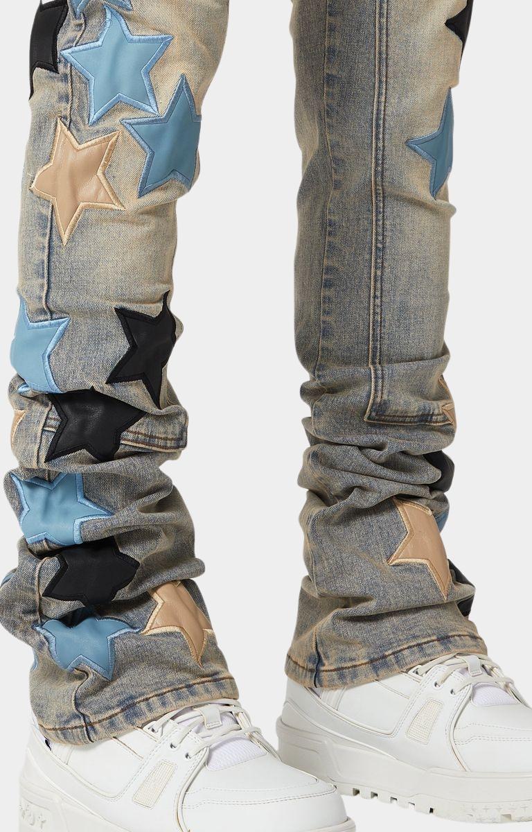 Streetwear outfit with GUAPI Powder Blue Vintage Stars Denim.