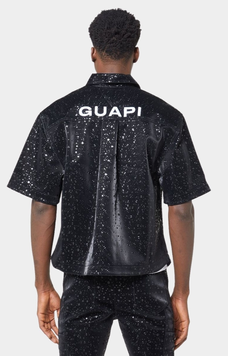 Back view of Guapi black raindrop wet look leather shirt