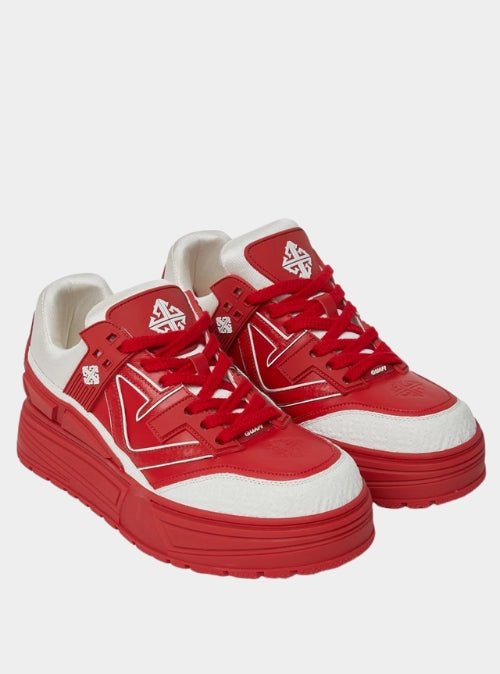Front view of GUAPI Blood Red Reign sneakers with chunky sole.