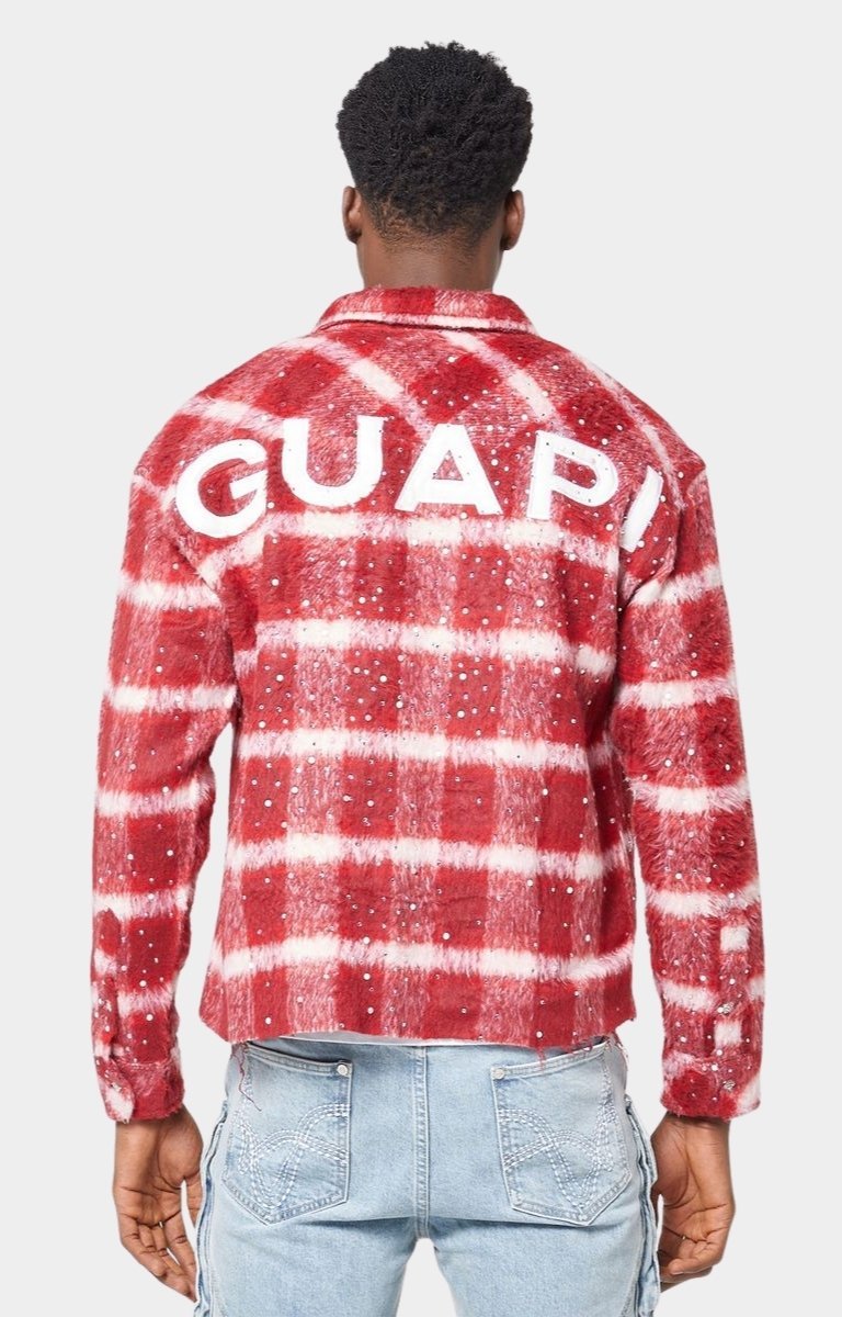 Back view of Guapi Red Inferno flannel with oversized logo