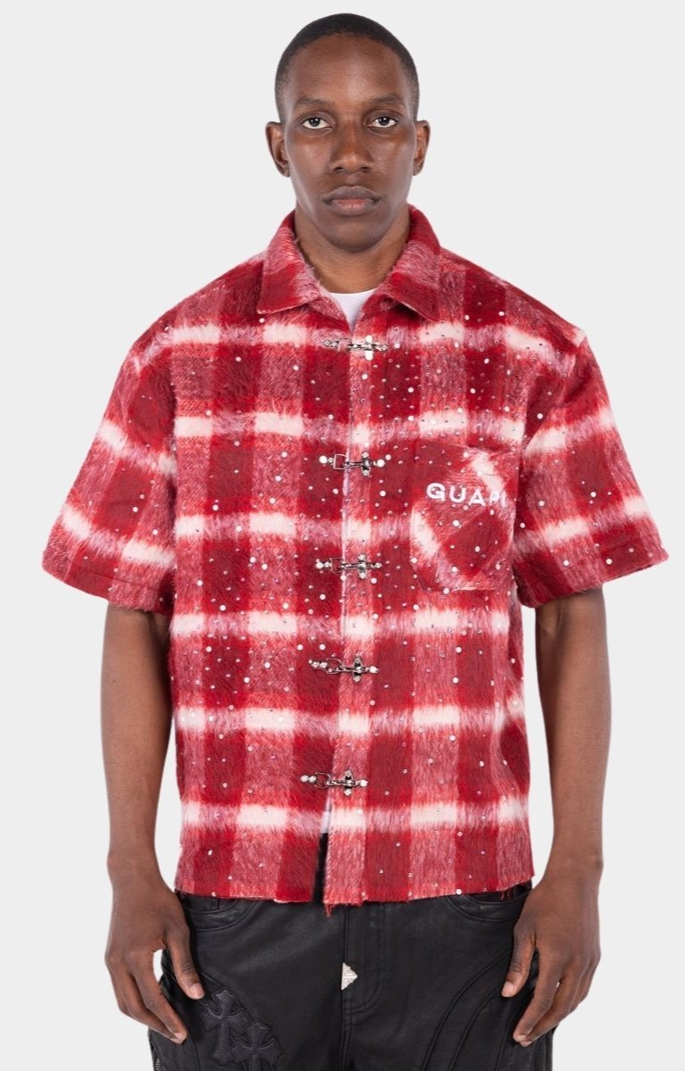 Guapi Red Inferno Rhinestone Flannel Shirt front view.