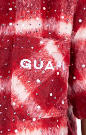 Rhinestone embellishment detail on Guapi Red Inferno Shirt.