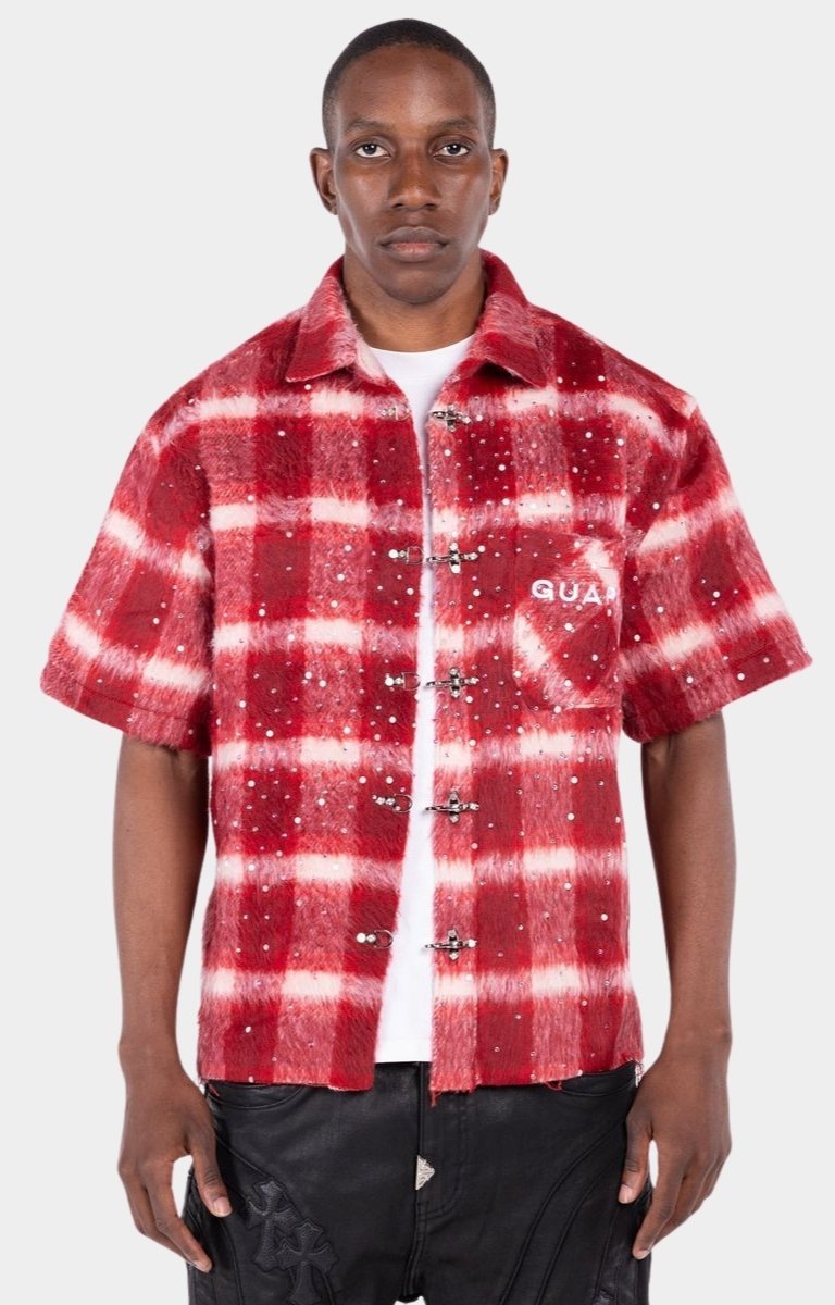 Guapi Red Inferno Rhinestone Flannel Shirt front view.