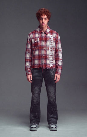 Guapi Vintage Red Plaid Shirt featuring a distressed red, cream and purple plaid pattern, rhinestone embellishments, graphic lettering, chest pocket and relaxed oversized fit.