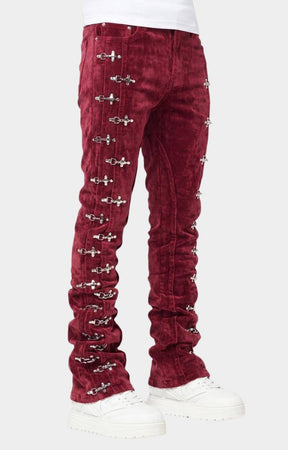 Aviation clasp hardware detail on Guapi Red Velvet Pants.