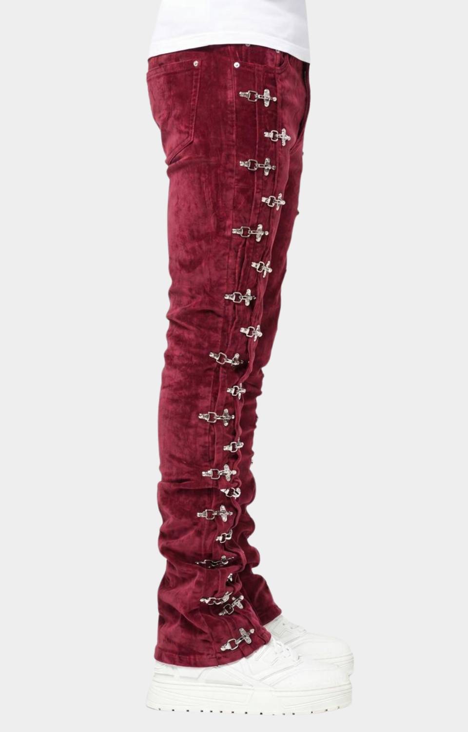 Side view of Guapi Red Velvet Aviation Clasp Pants.
