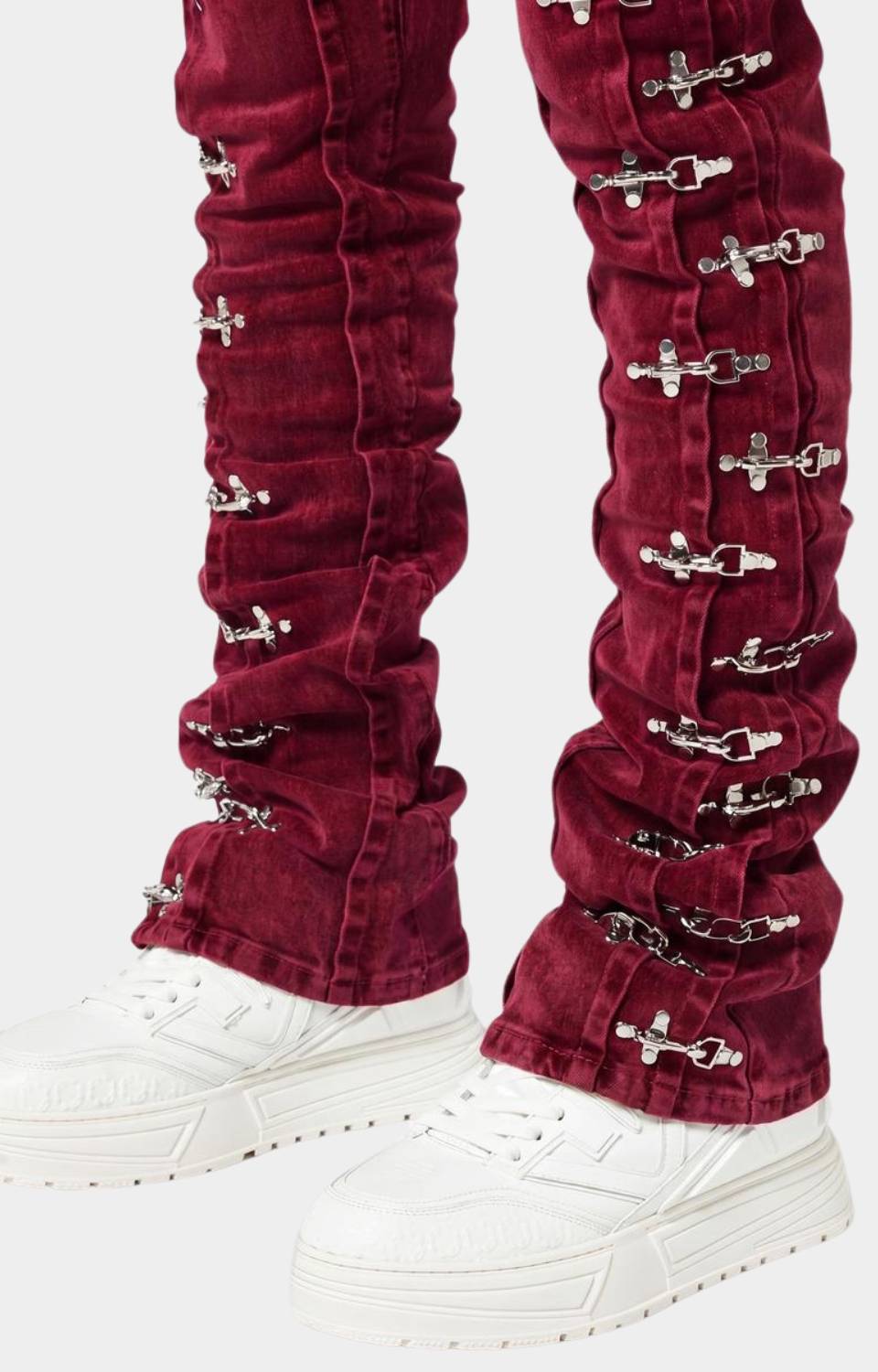 Stacked fit detail of Guapi Red Velvet Aviation Clasp Pants.