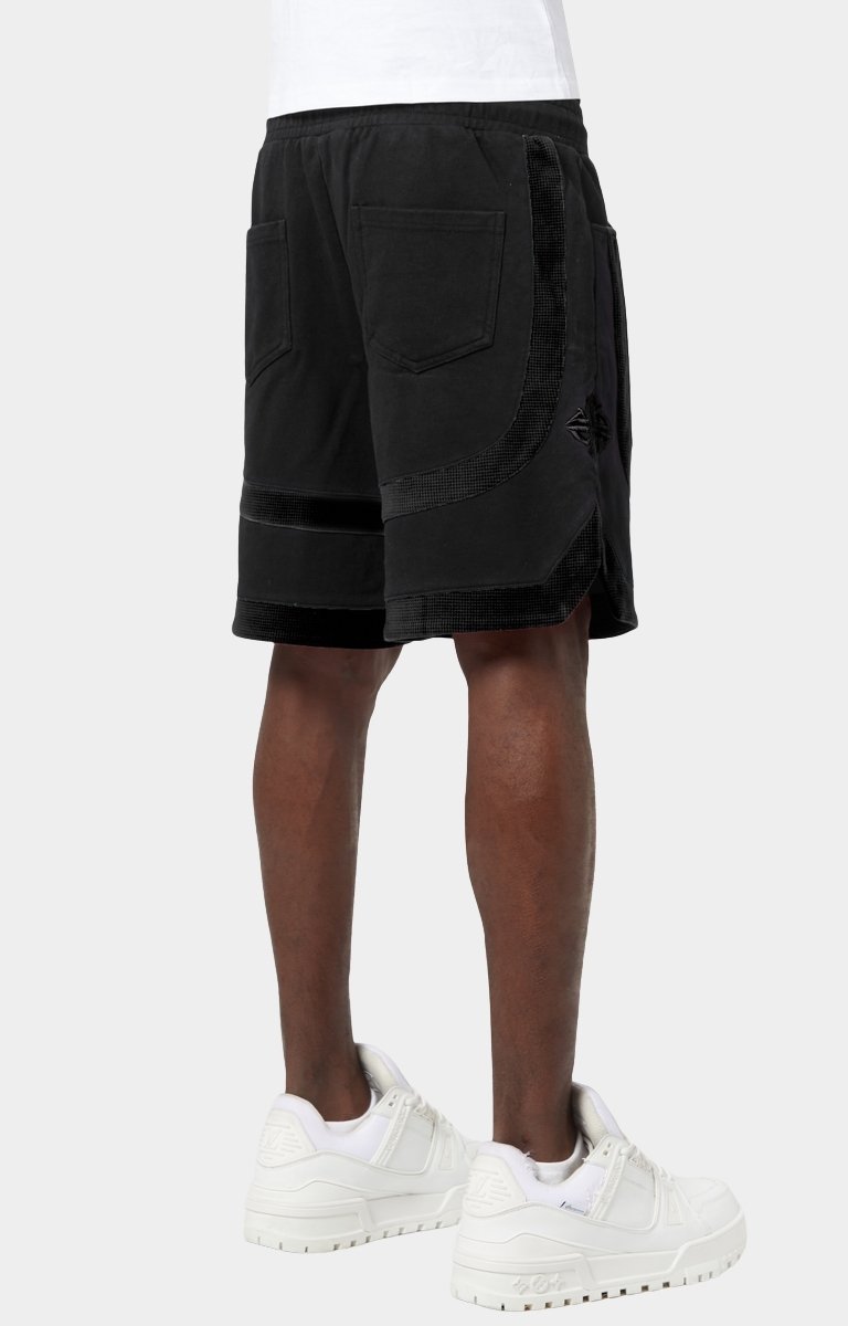 Black rhinestone streetwear shorts with futuristic cyborg-inspired graphics.
