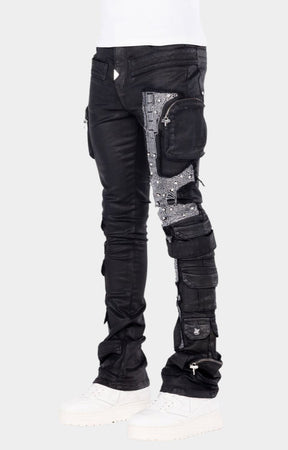 Guapi Obsidian Black Machine Gun Rhinestone Cargo Denim Jeans