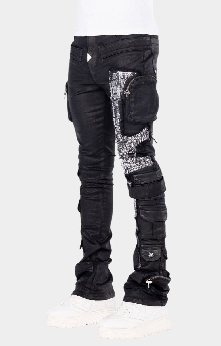 Guapi Obsidian Black Machine Gun Rhinestone Cargo Denim Jeans