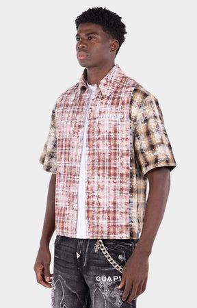 Luxury plaid streetwear shirt with all-over rhinestone embellishments.