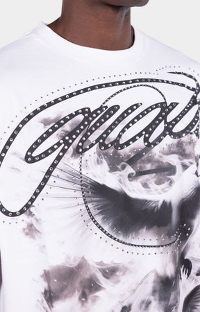 Luxury streetwear t-shirt with rhinestone embellishments and bold graphic print.