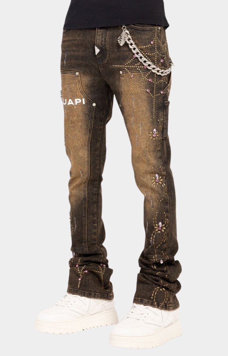 Rhinestone spider web detail on guapi brown denim