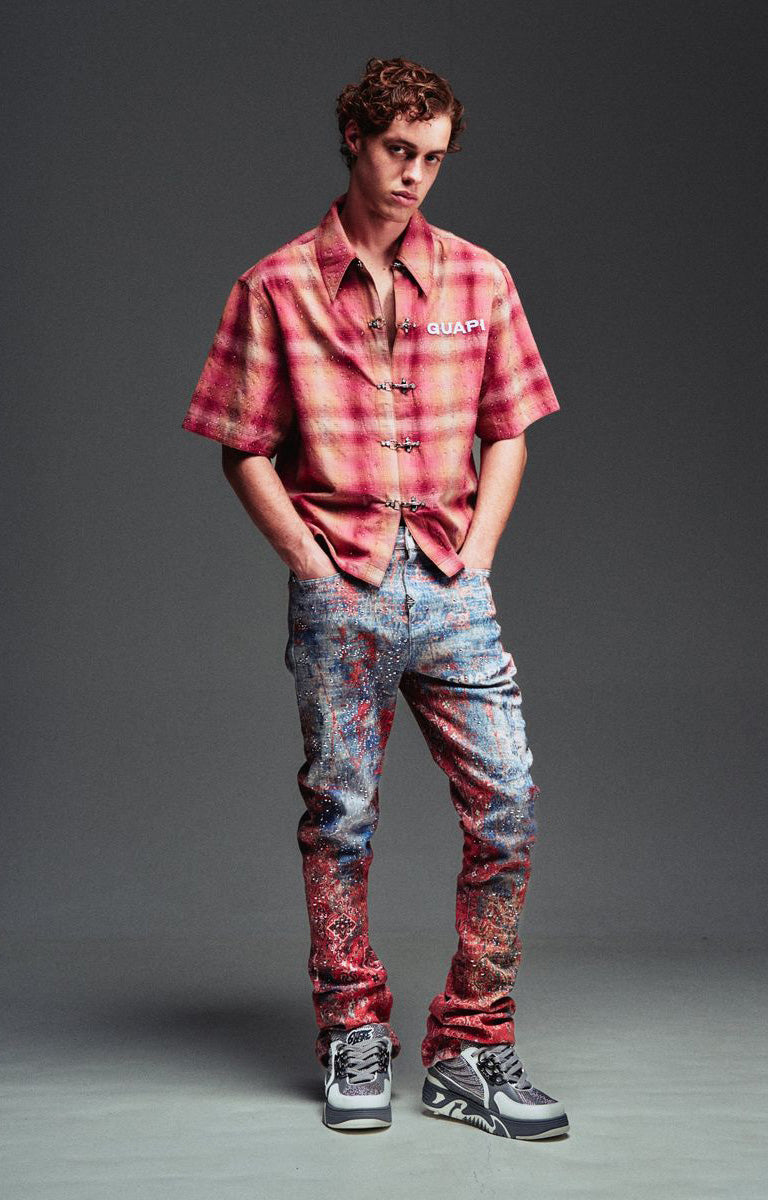 Guapi Red Dust Bandana slim fit stacked denim jeans.