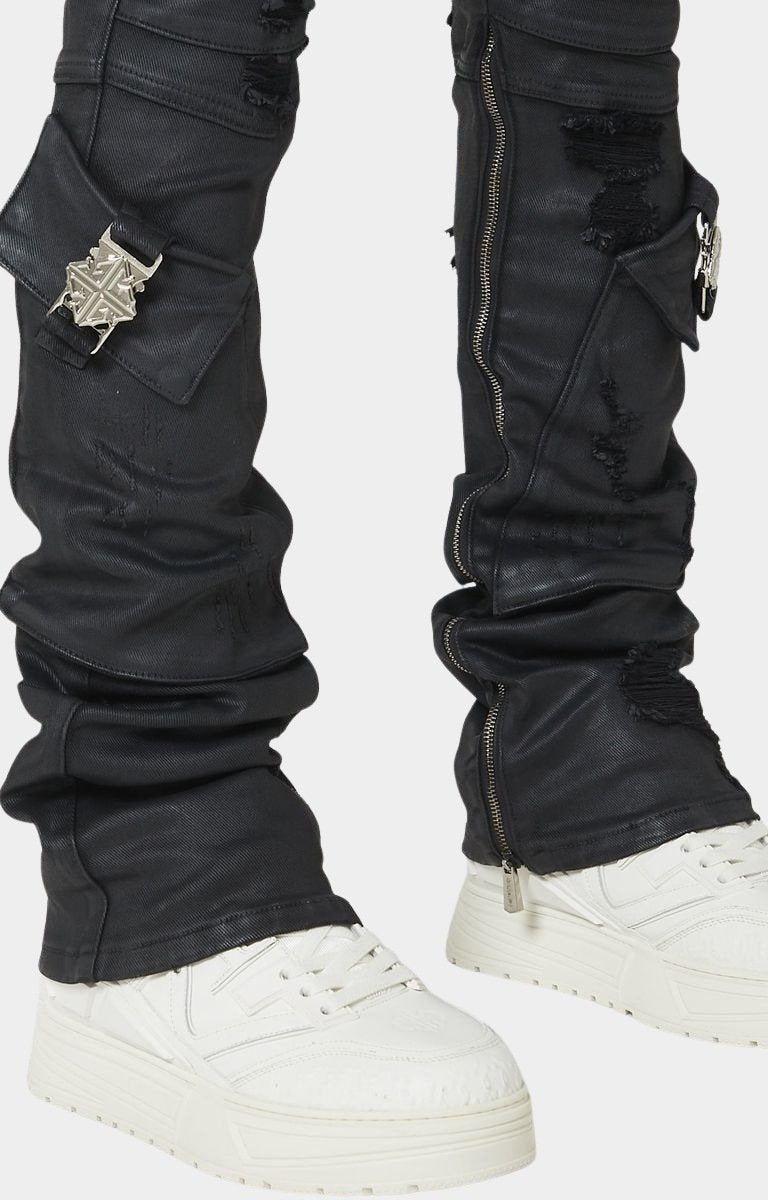 Stacked fit silhouette on GUAPI Black Ops denim.