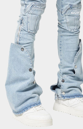 Stacked flared leg fit on GUAPI designer denim