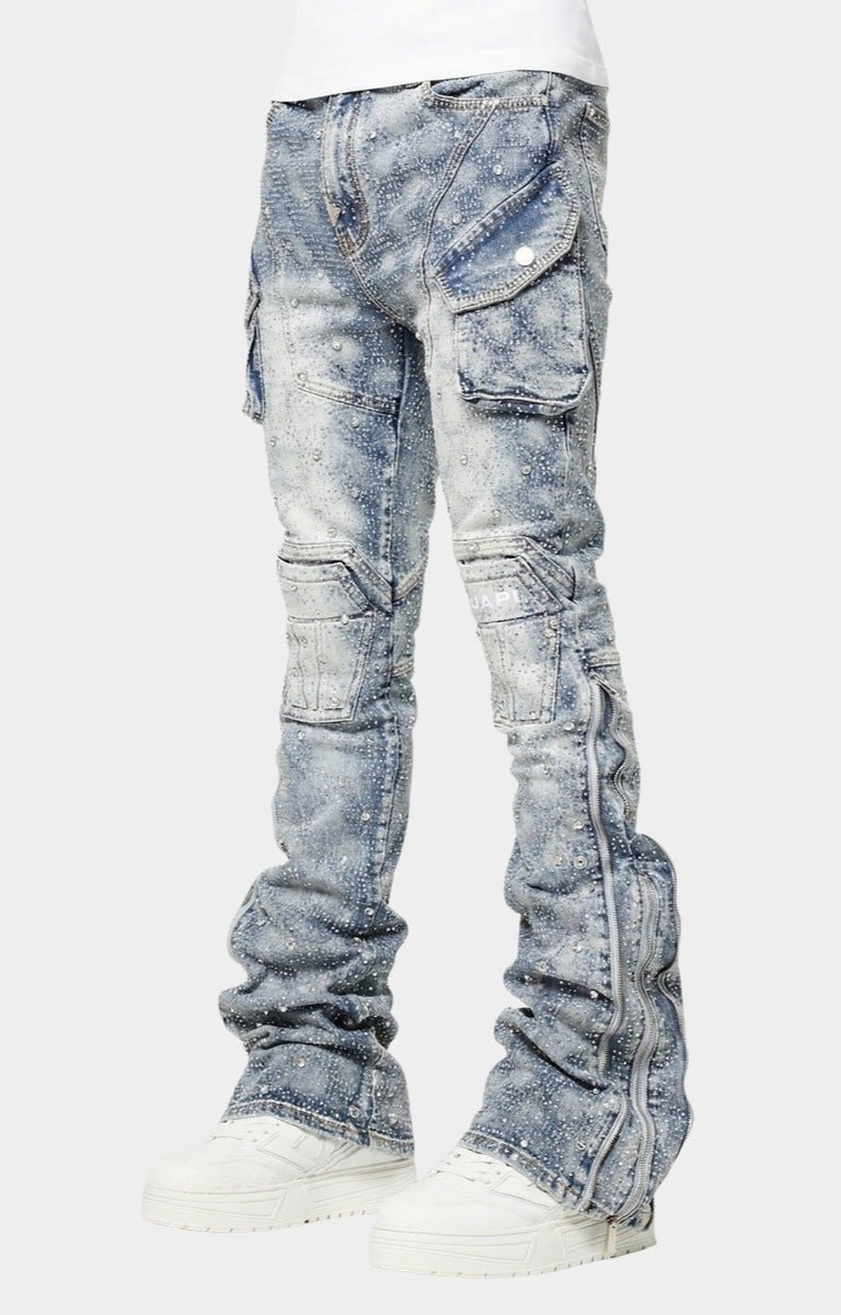 Stacked flared leg fit on GUAPI designer denim.