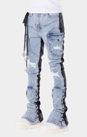 Stacked cargo pants featuring denim front and PU leather back panels.
