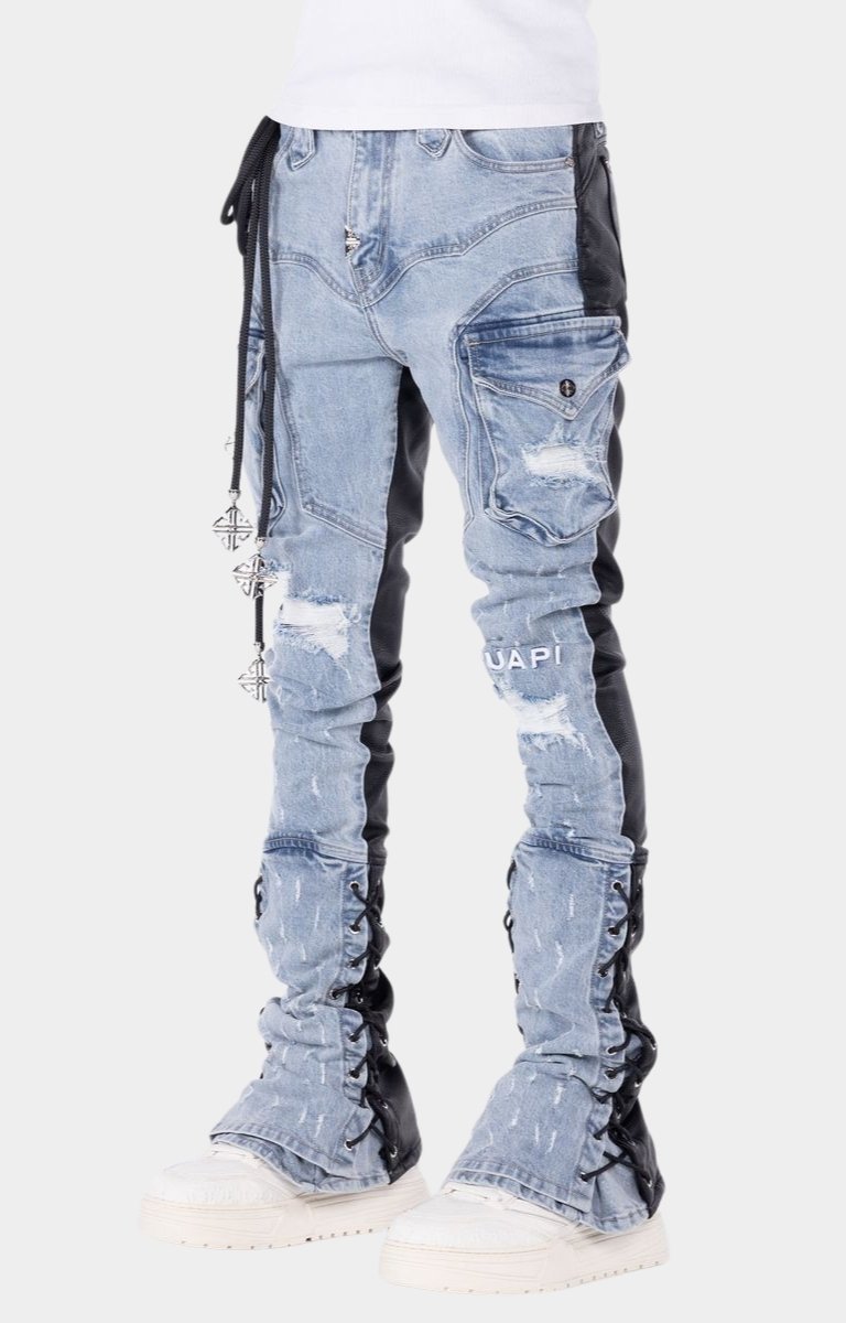 Stacked cargo pants featuring denim front and PU leather back panels.