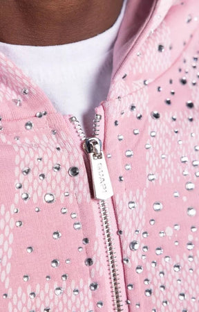 Premium cotton-blend streetwear zip hoodie outfit with rhinestones. 