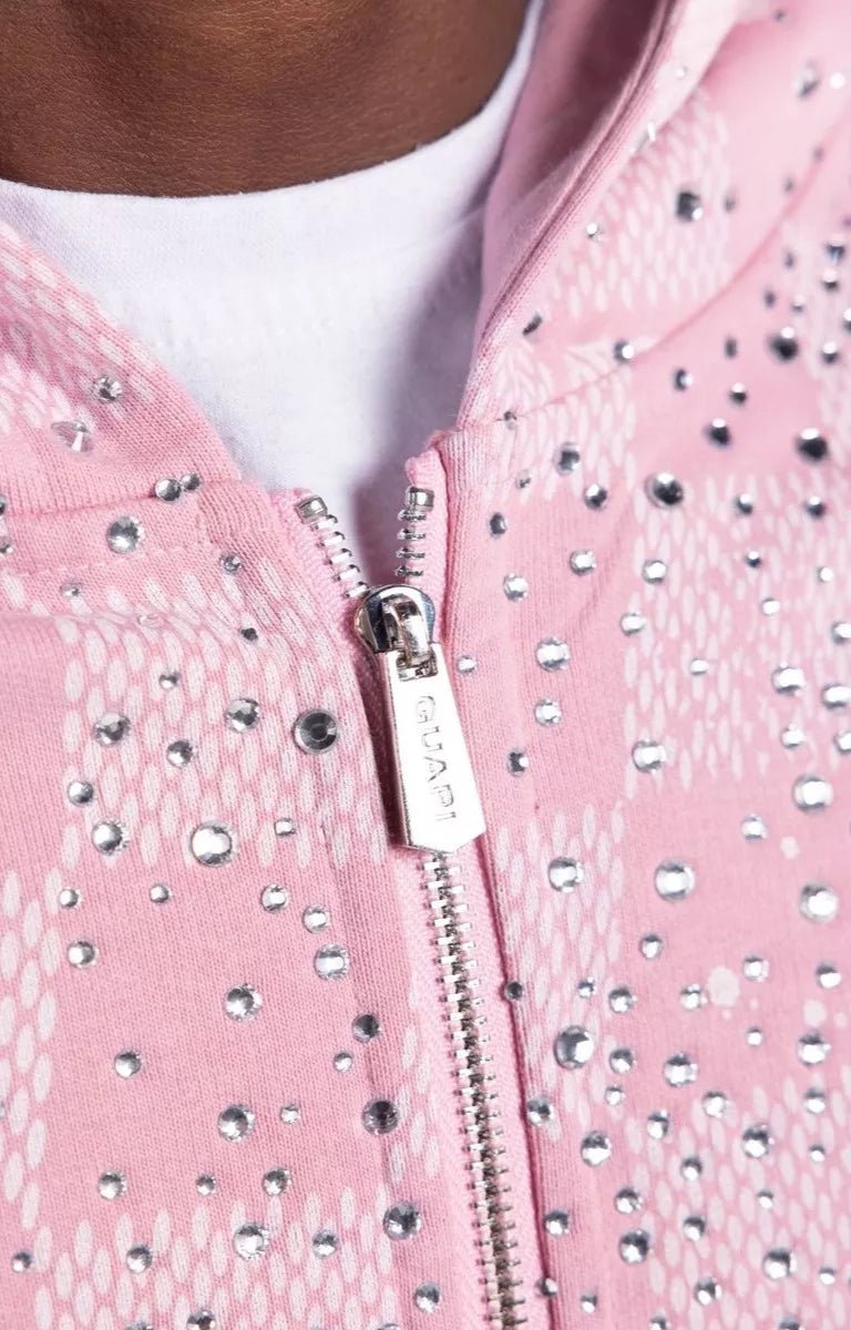 Premium cotton-blend streetwear zip hoodie outfit with rhinestones. 