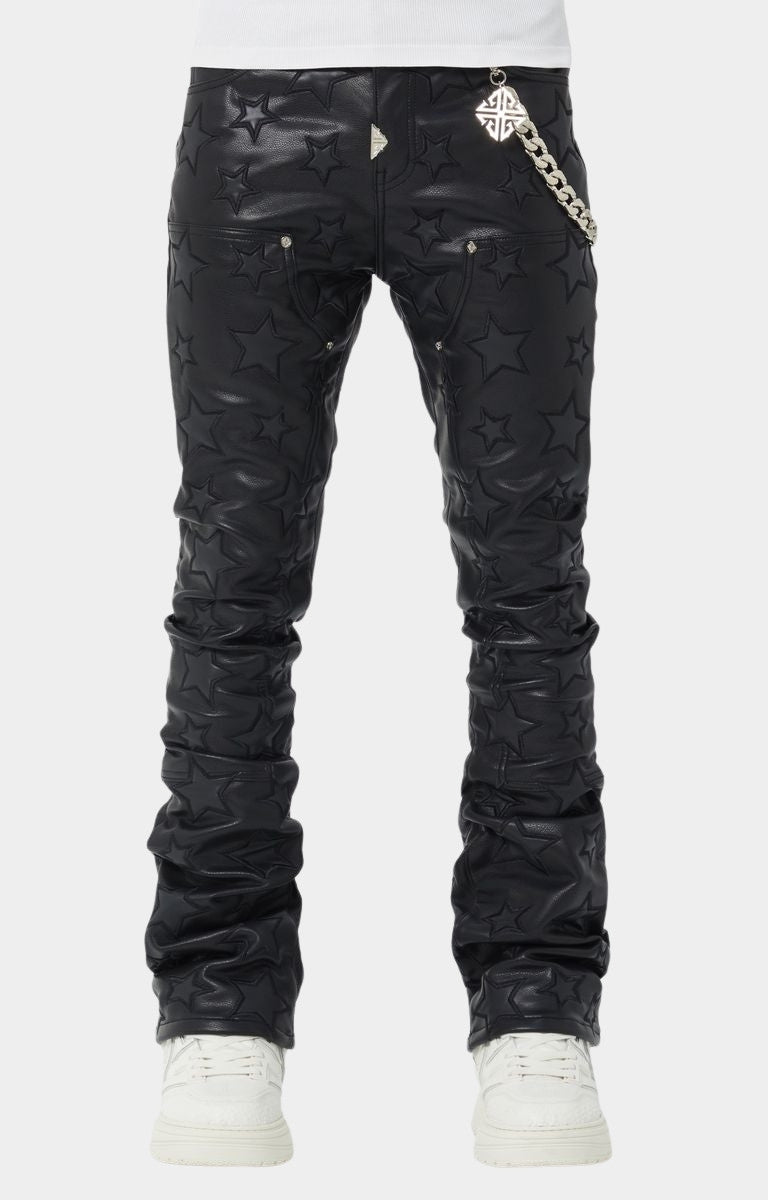 Front view of Guapi Obsidian Black Stars Leather Pant with embossed star texture.