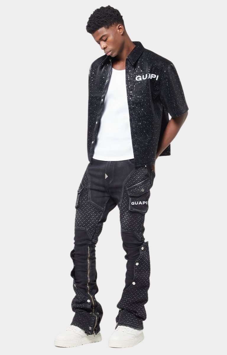 Guapi Steel Plate Denim styled with opened zippers for flare.