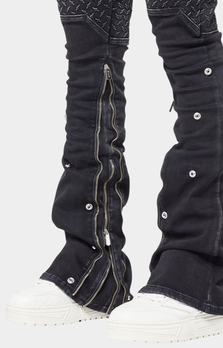 Stacked leg construction of Guapi Vintage Black Steel Plate Denim.