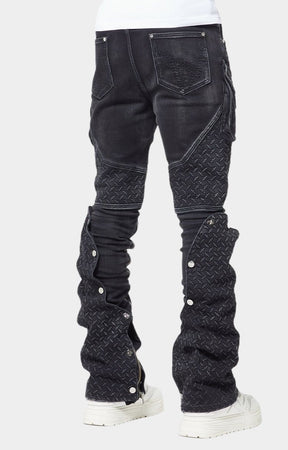 Back view of Guapi Steel Plate Denim with stacked silhouette.