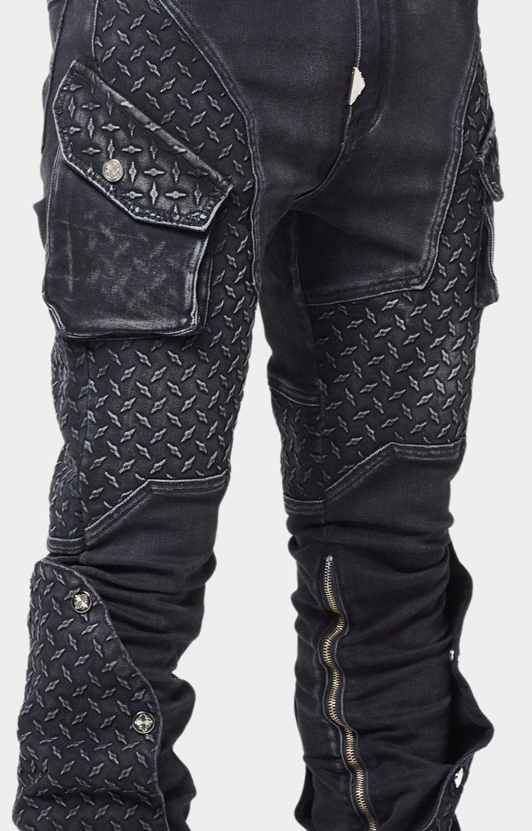 Industrial textured knee paneling on Guapi Steel Plate jeans.