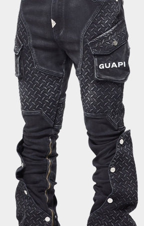 Steel tread plate inspired thigh panels on Guapi denim.
