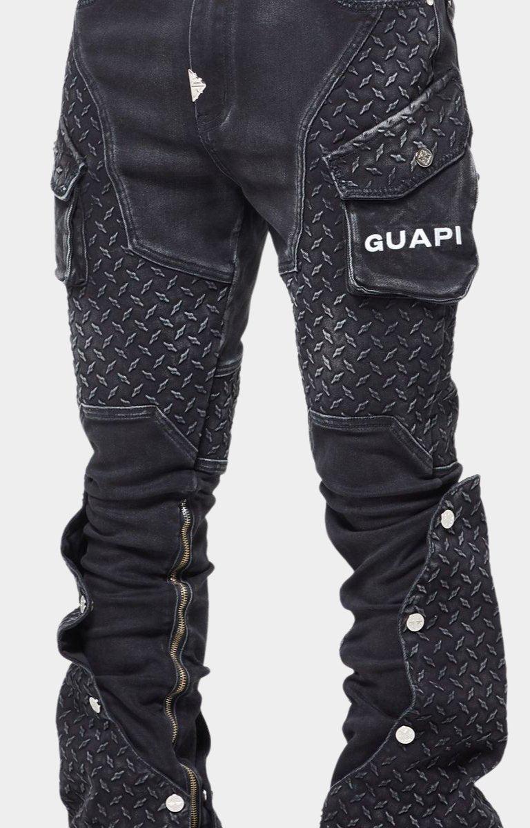 Steel tread plate inspired thigh panels on Guapi denim.