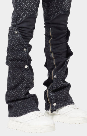 Full length outer leg zippers on Guapi Steel Plate denim.