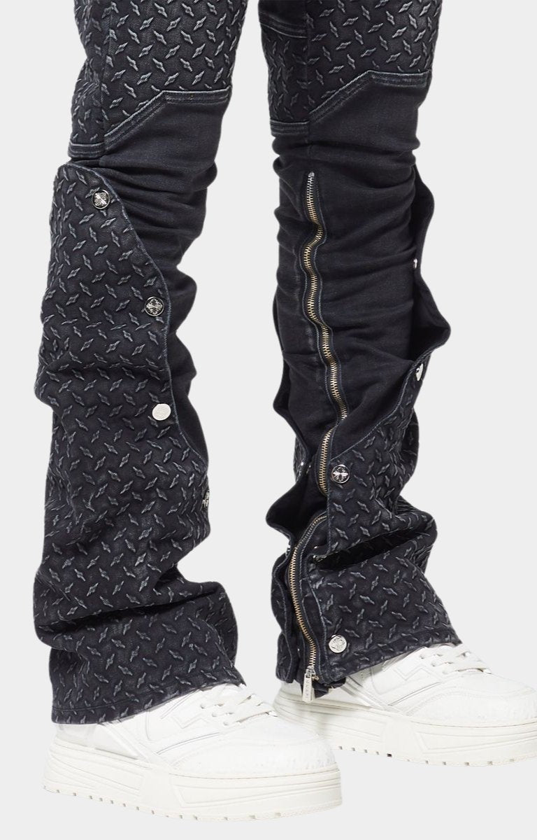 Full length outer leg zippers on Guapi Steel Plate denim.
